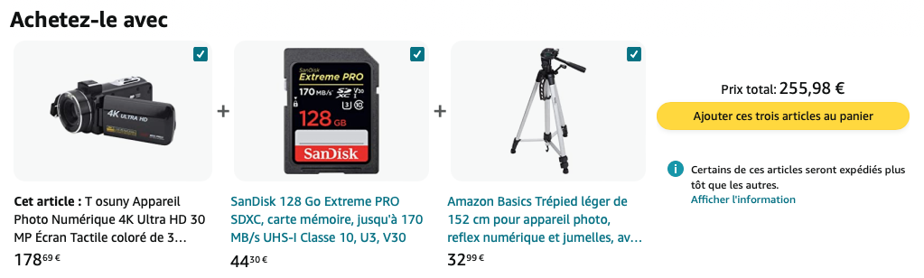 Ca^ture d'écran d'une suggestion Amazon après achat d'un caméscope