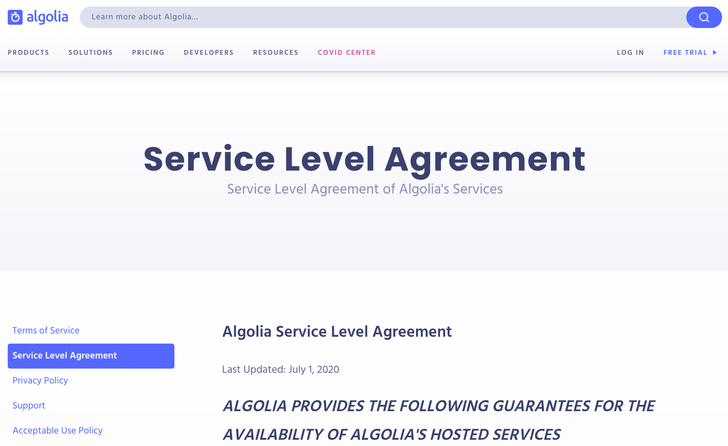 Algolia SLA screenshot
