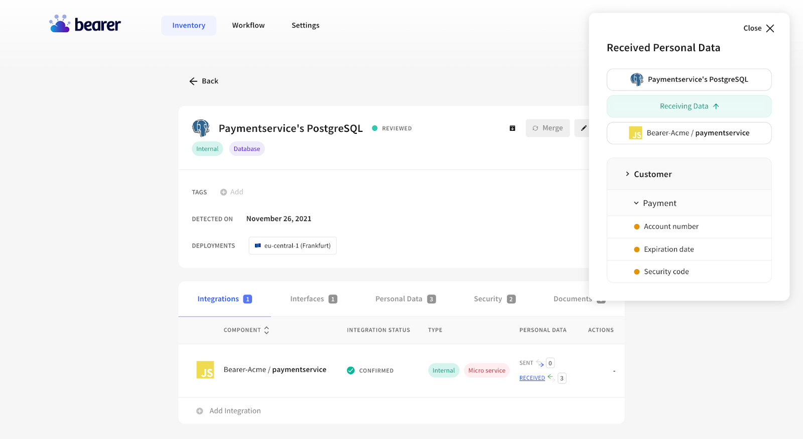 A screenshot of Bearer application: the data flow of an engineering component.