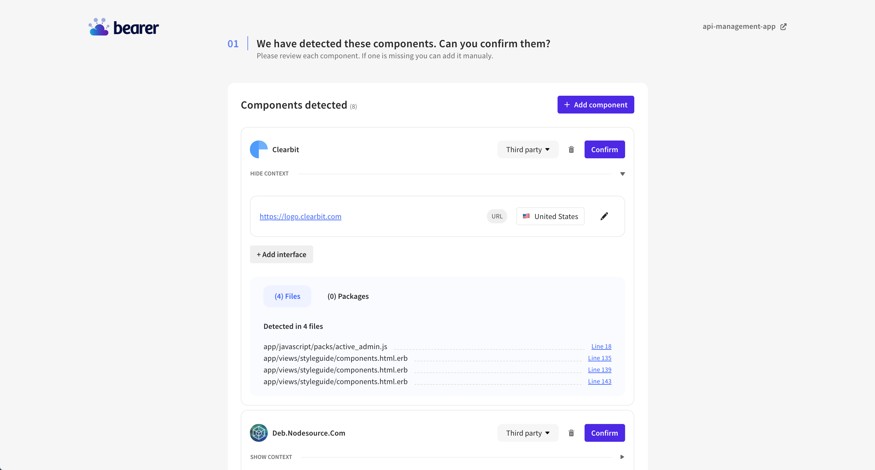 A screenshot of Bearer application: the component detected in the engineering survey.