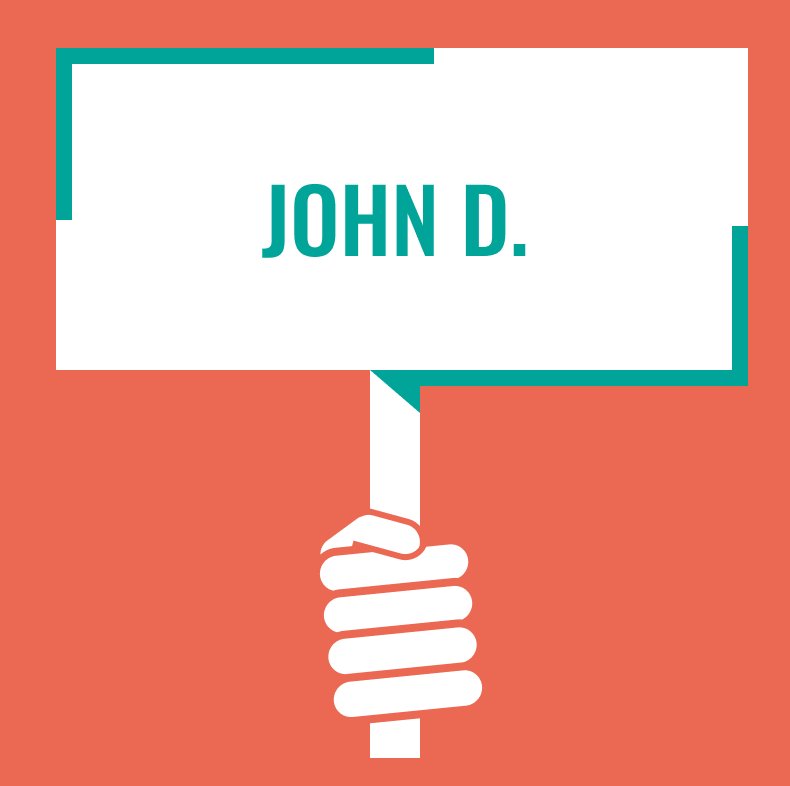 An illustrative graphic that shows a simplified hand holding a protest sign. On the protest sign, the name "John D." is written.