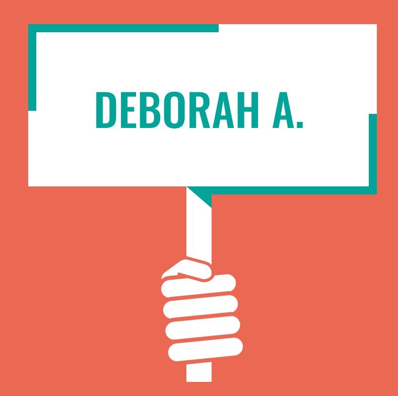 An illustrative graphic that shows a simplified hand holding a protest sign. On the protest sign, "Deborah A" is written.