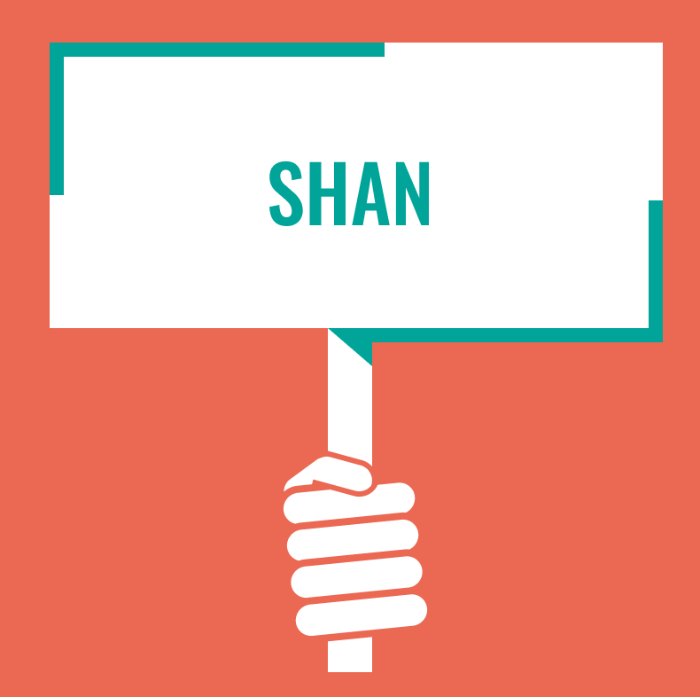 An illustrative graphic that shows a simplified hand holding a protest sign. On the protest sign, the name "Shan" is written.