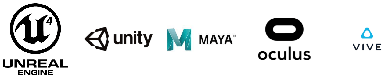 Unreal engine, unity, Maya, Oculus, Vive logos