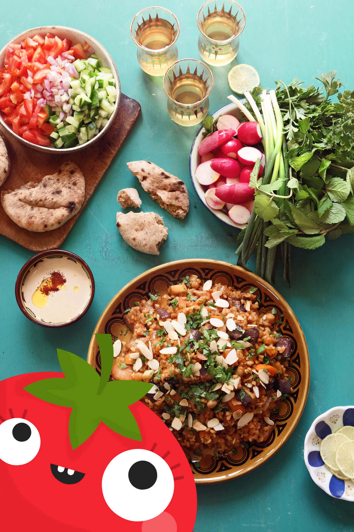 some deliious food and a curious tomato