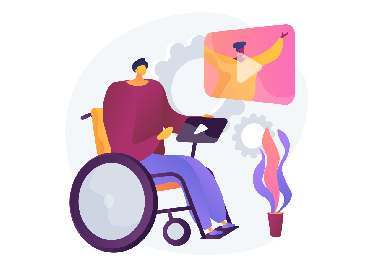 An illustration of a man sitting in a wheelchair while interacting with a technology.