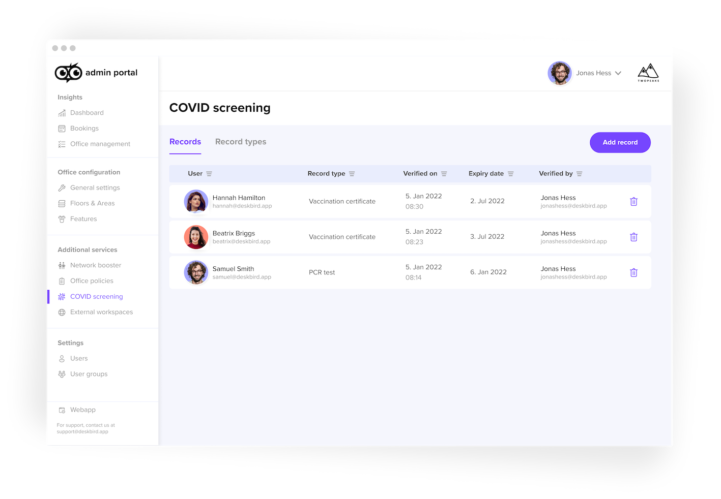 Covid-19 screening tool deskbird app