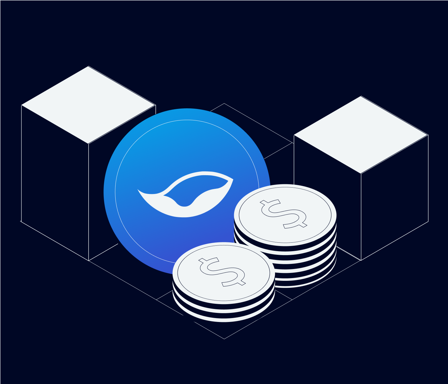 Bleu PHTR token standing up right next to two stacks of USDC tokens all in between two blocks