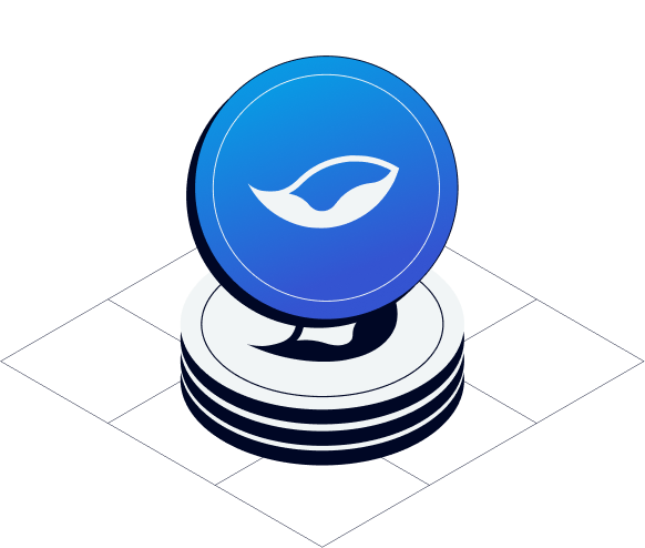Blue PHTR coin sitting up right on. stack of white PHTR tokens