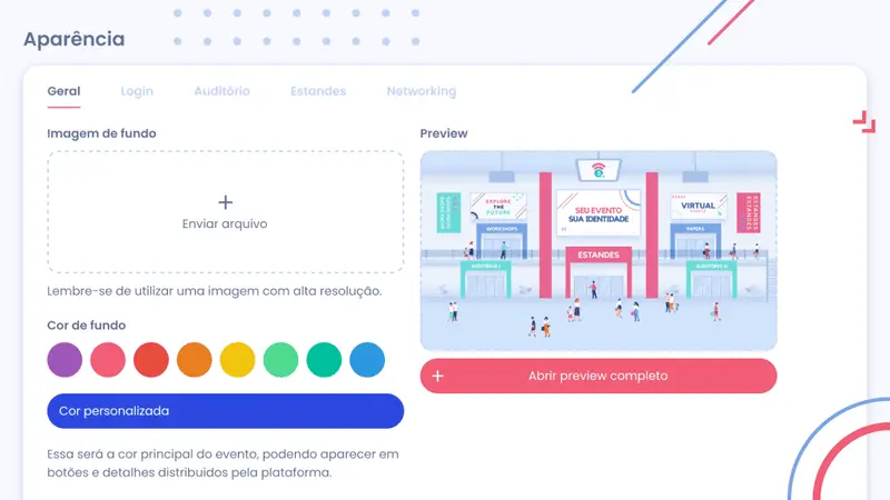 Tela da plataforma para customizar aparência do evento