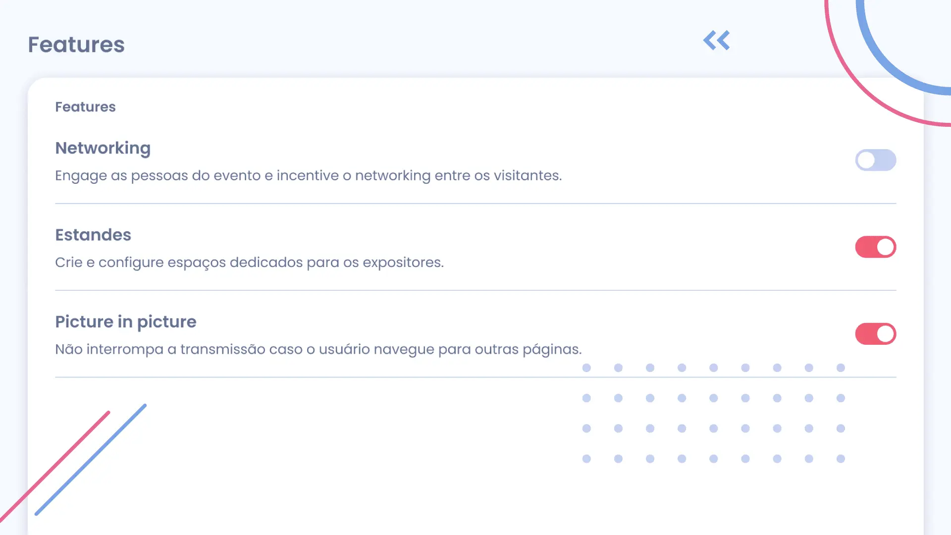 Tela da plataforma para configuração das features do evento