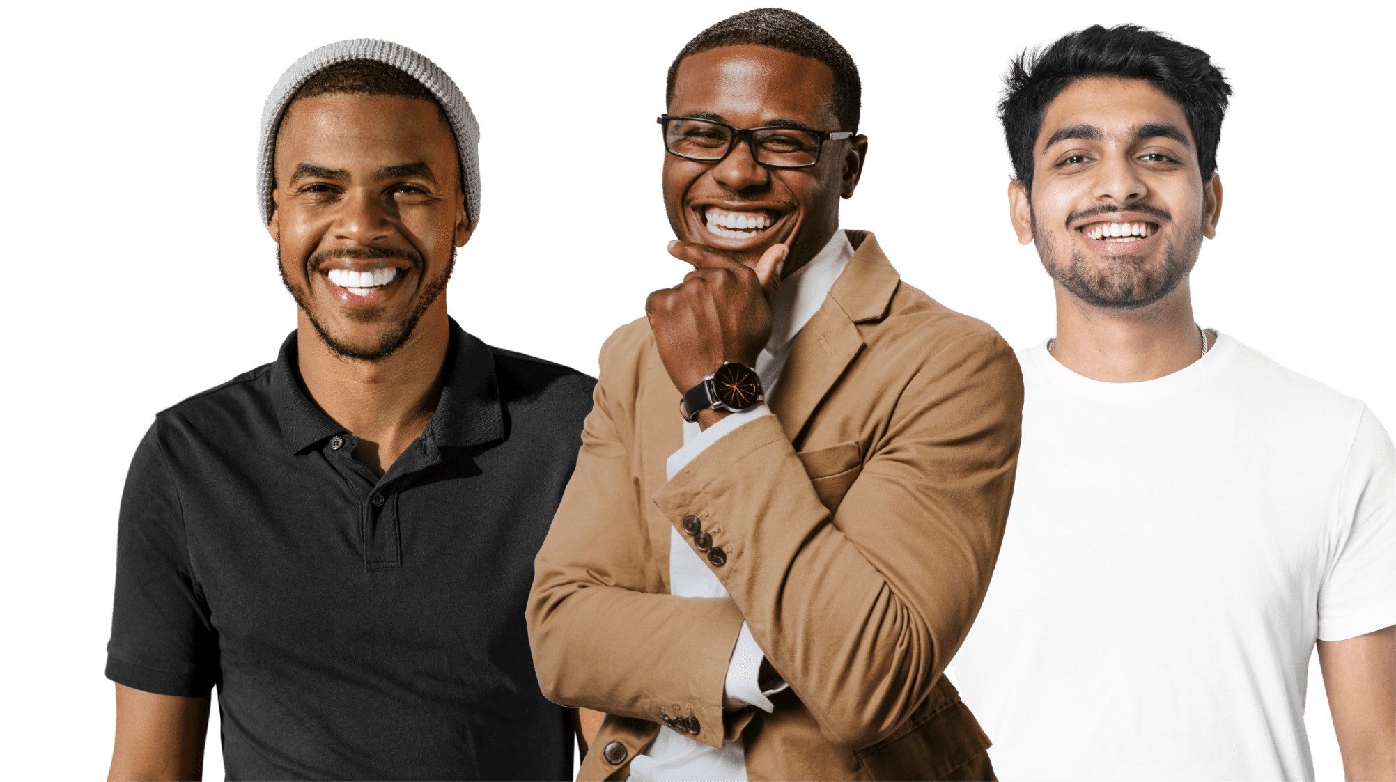 Three different images of men smiling