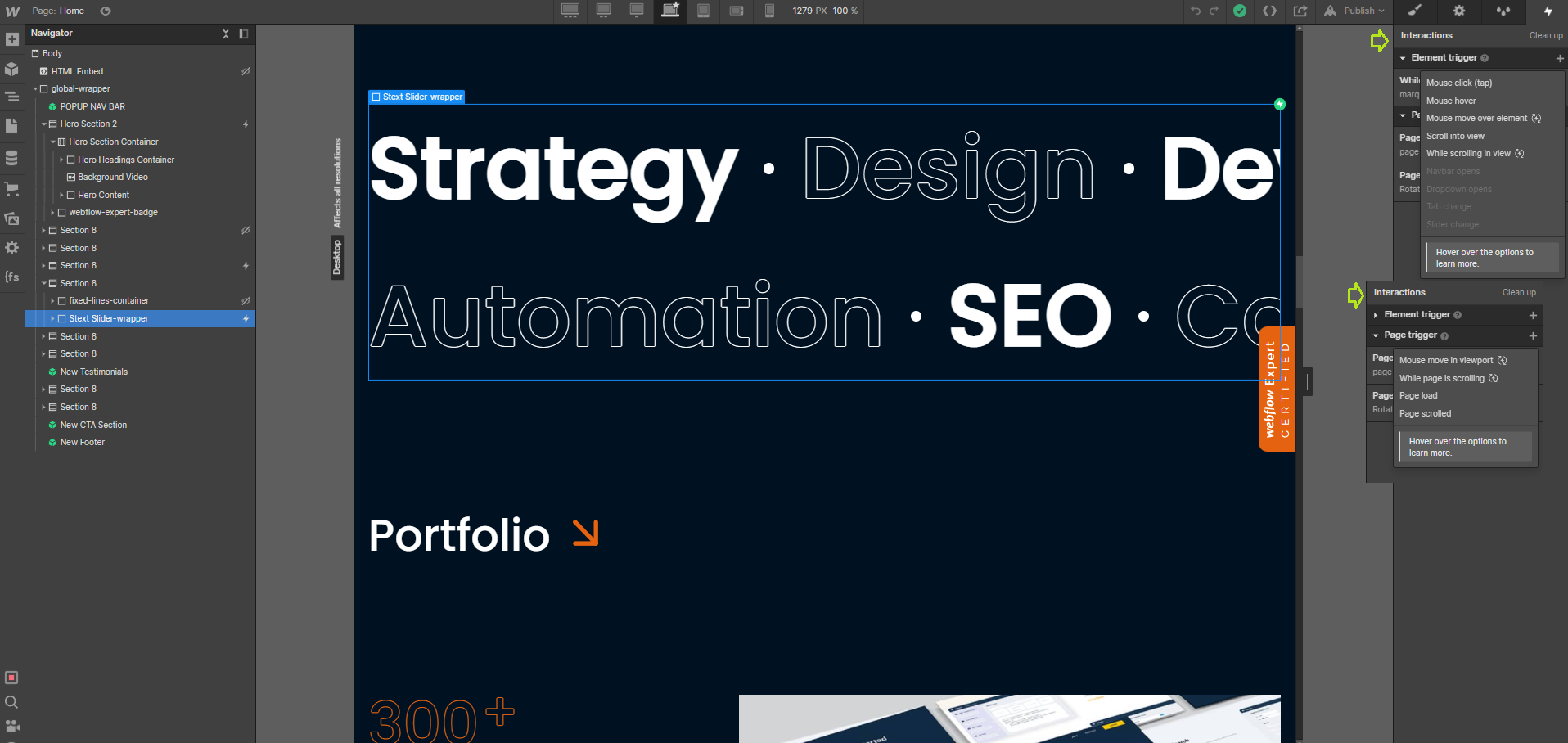 Webflow Interaction menu