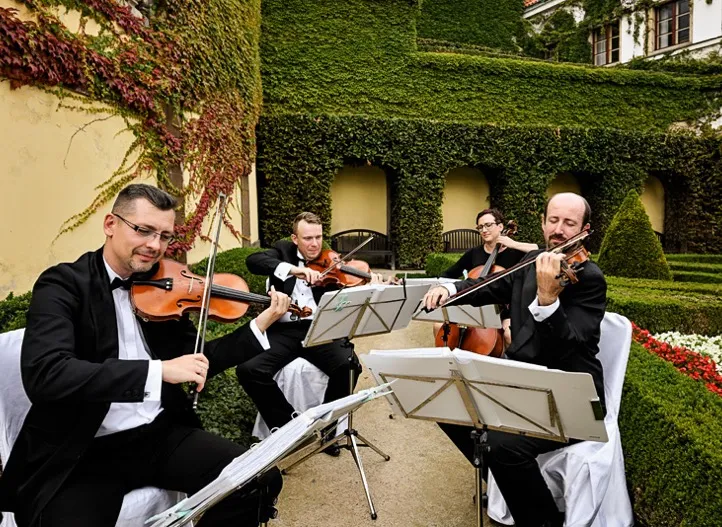The wedding quartet plays in the beautiful garden