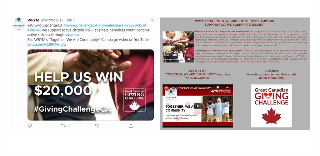 Windsor Residence for Young Men calls on fellow Canadians for support - campaign images from Twitter and landing page.