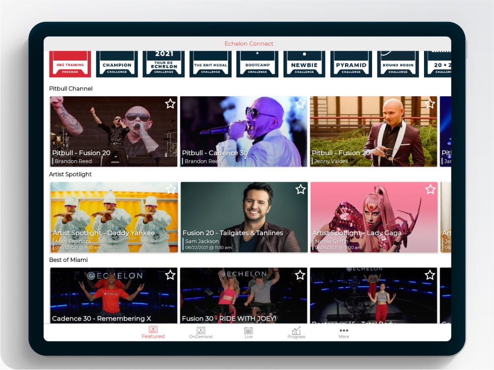 Echelon Connect Screen showing Featured channels