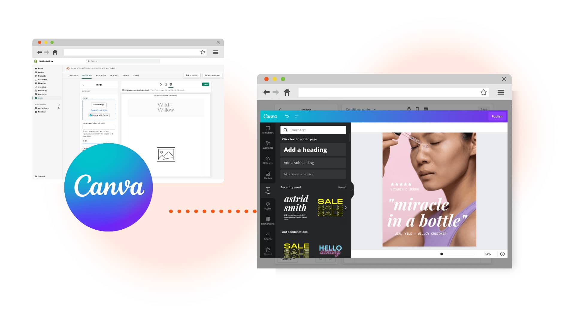 Computer screenshot within Seguno on the left, with computer screen shot of Canva on the right