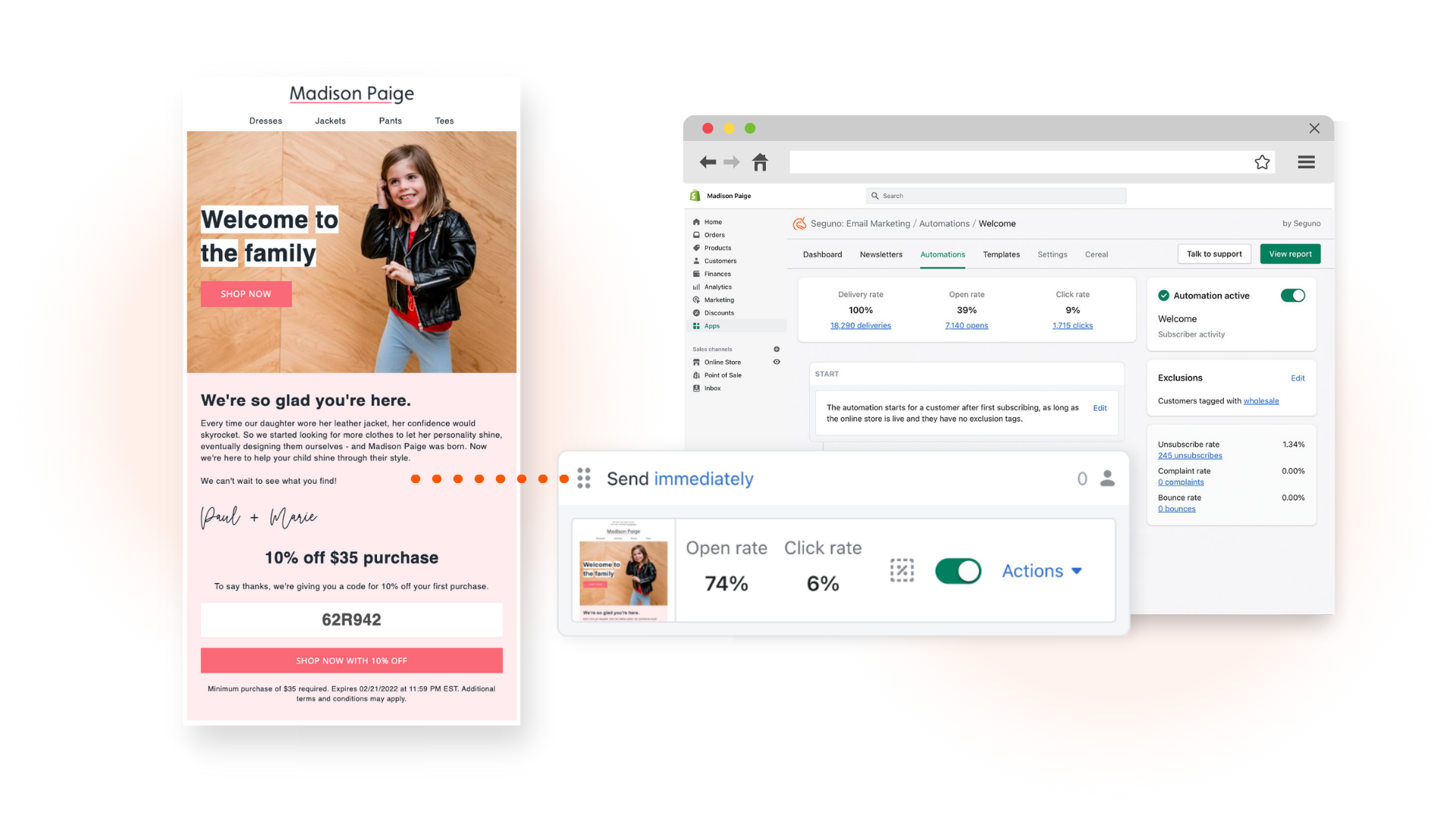 Image of: welcome email message, with the behind-the-scenes automation interface that enables it