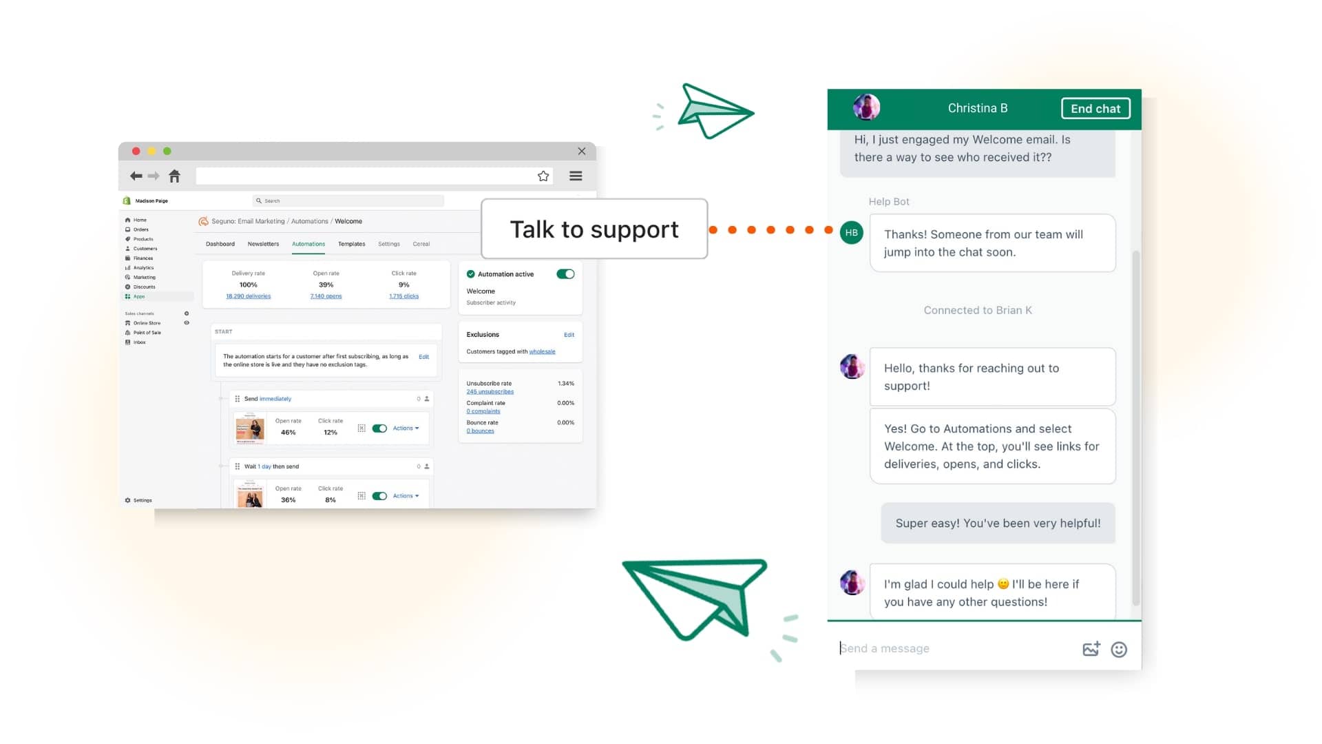 Image of: Enlarged Talk to support button from within the Seguno app, along with a chat example to the right