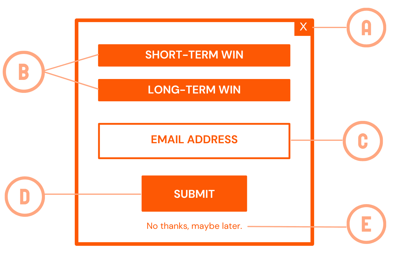 Box with following words, top to bottom: short-term win, long-term win, email address, submit, and no thanks, maybe later
