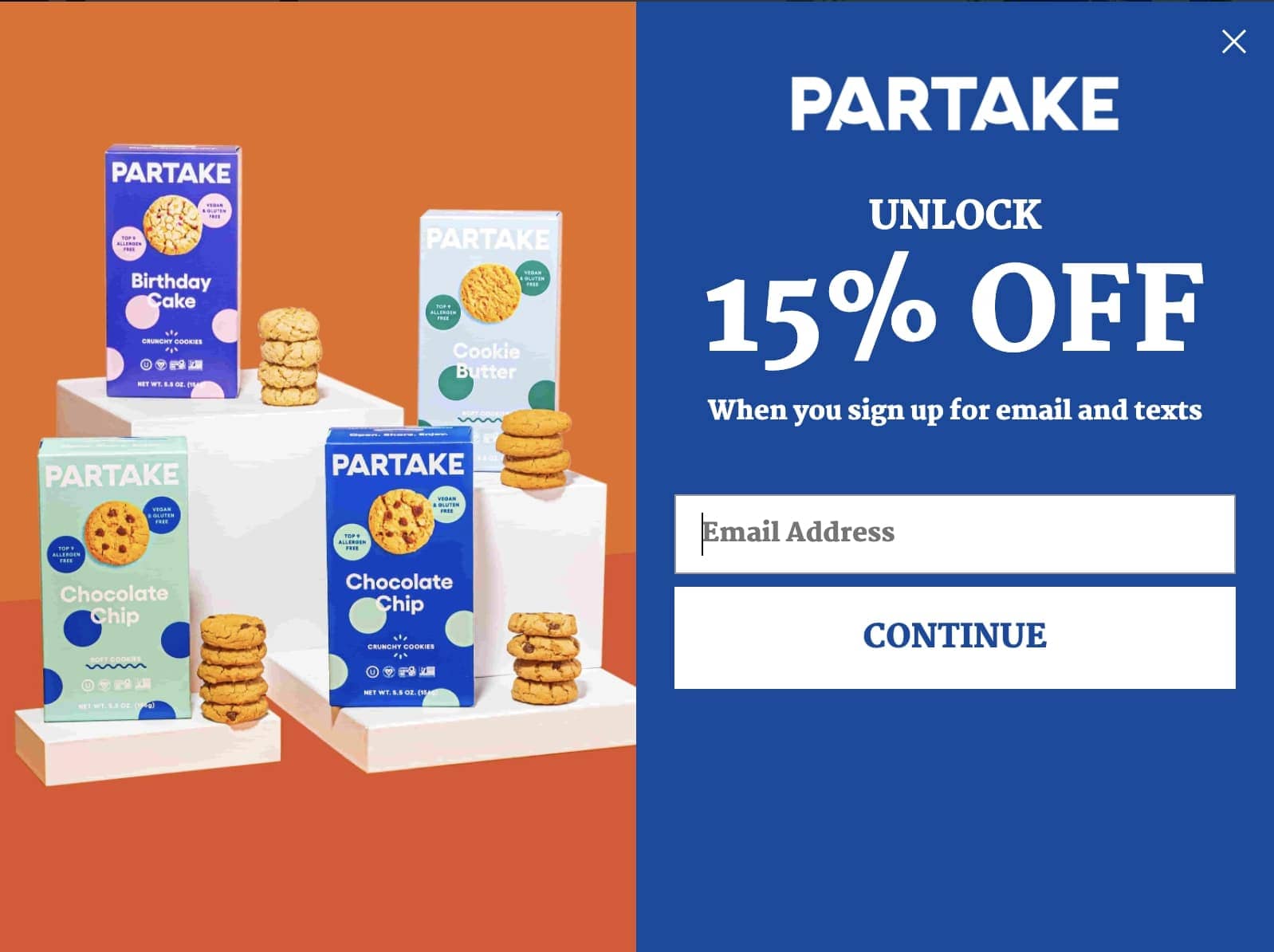 Left side showing boxes of cookies; right side of image showing Partake unlock 15% off with spaces to fill i email address