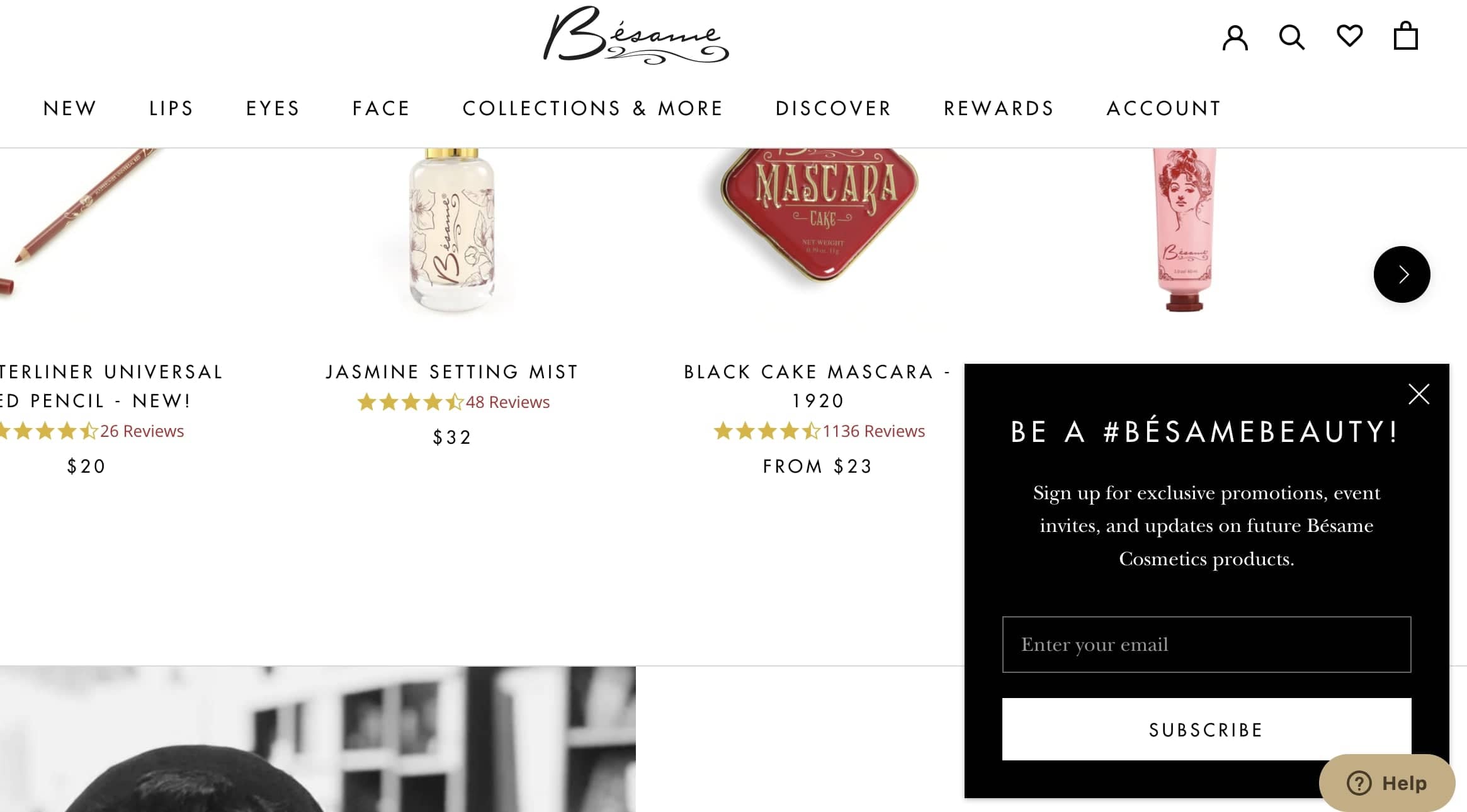 Website with makeup images and a box on the side that says be a #besamebeauty!