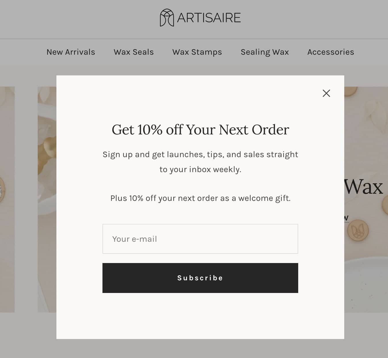 Box overlaid on website that states get 10% off your next order and sign up and get launches, tips and sales