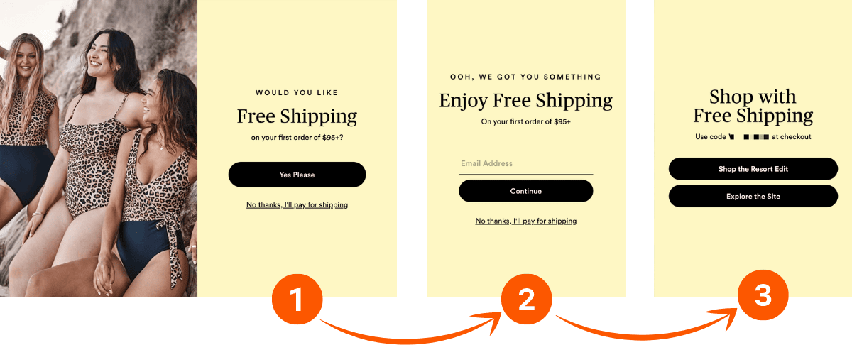 Women in bathing suits, with the following messages: 1. Would you like free shipping? 2. Enjoy free shipping 3. Shop with free shipping