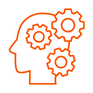 Icon of head silhouette, overlaid with three gears