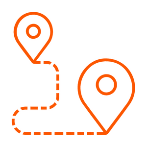 Icon of a location marker with dotted lines drawing a path to another location marker
