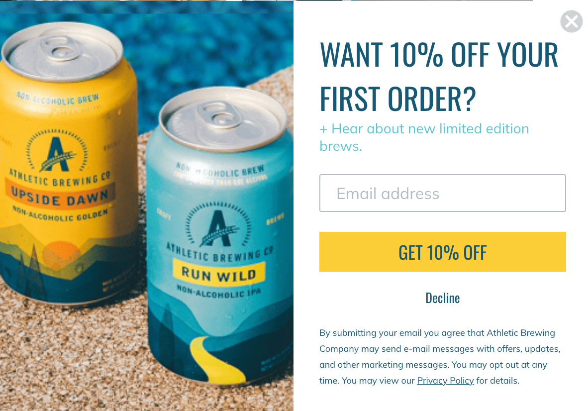 Popup image of beer cans on the left, pictured poolside, with accompany text: want 10% off your first order? + Hear about new limited edition brews
