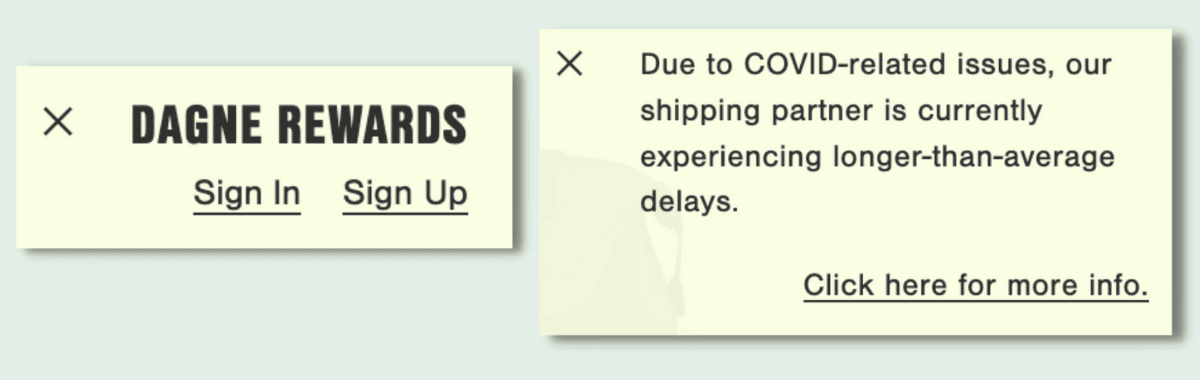 Two popup side by side; the first one with text of Dagne Rewards and Sign in or Sign up; the second with the text: Due to COVID-related issues, our shipping partner is currently experiencing longer-than-average delays.