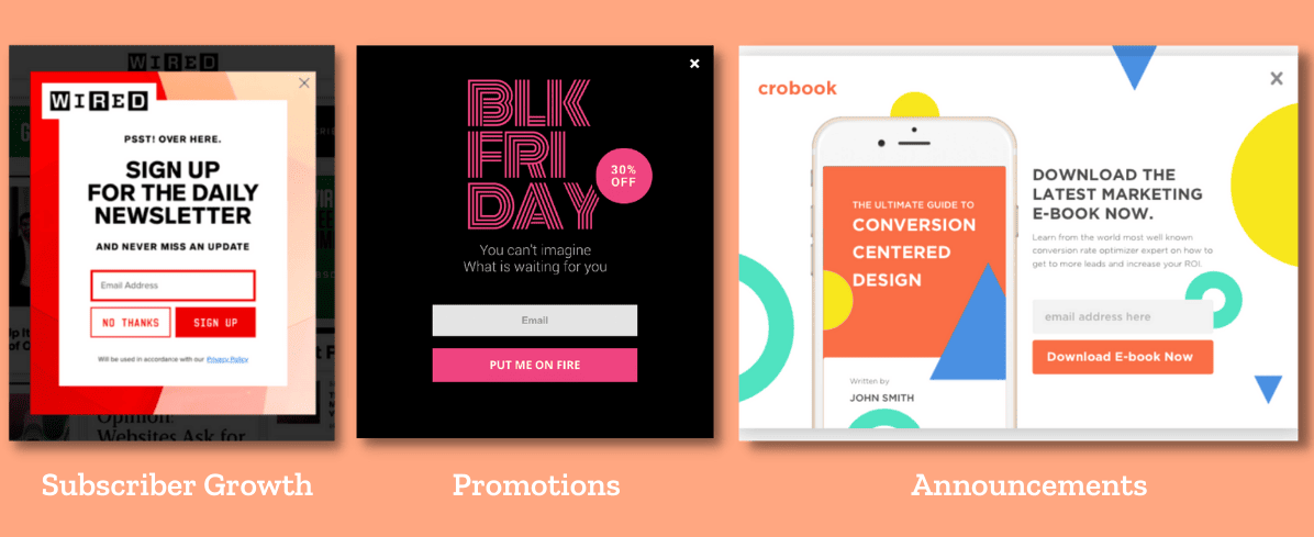 Image of different popups, from left: email signup form, Black Friday sale, and marketing ebook download