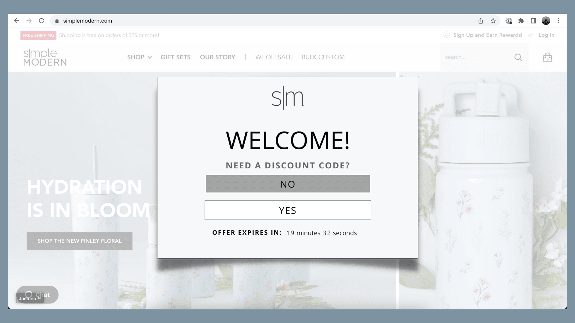 Website in the background showing water bottles, with a popup on top with the words: Welcome! Need a discount code?