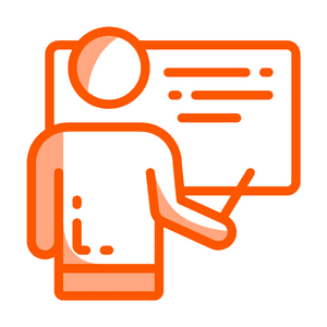 Icon of a person with a pointer aimed at a presentation