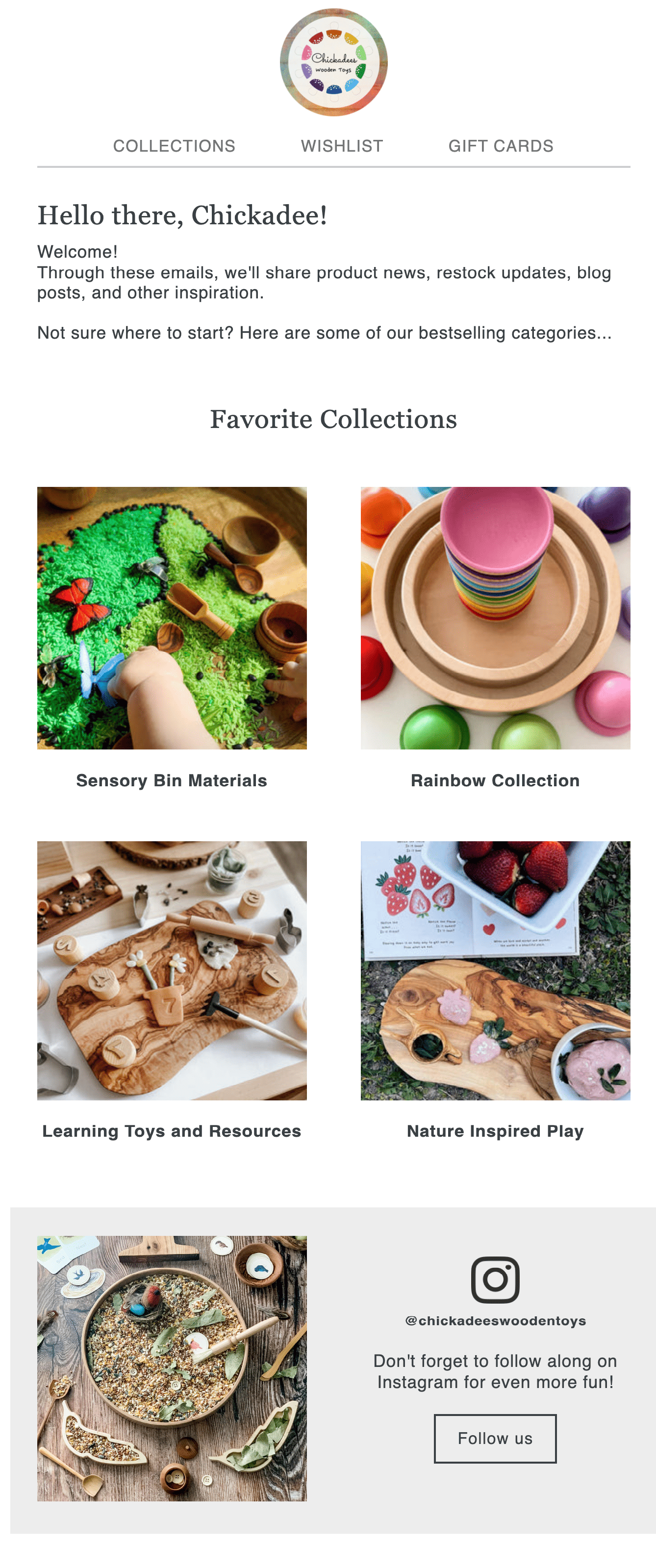 Email that opens with Hello there, Chickadee! and features blocks of product images (sensory bin materials, rainbow collection, learning toys and resources, nature inspired play)