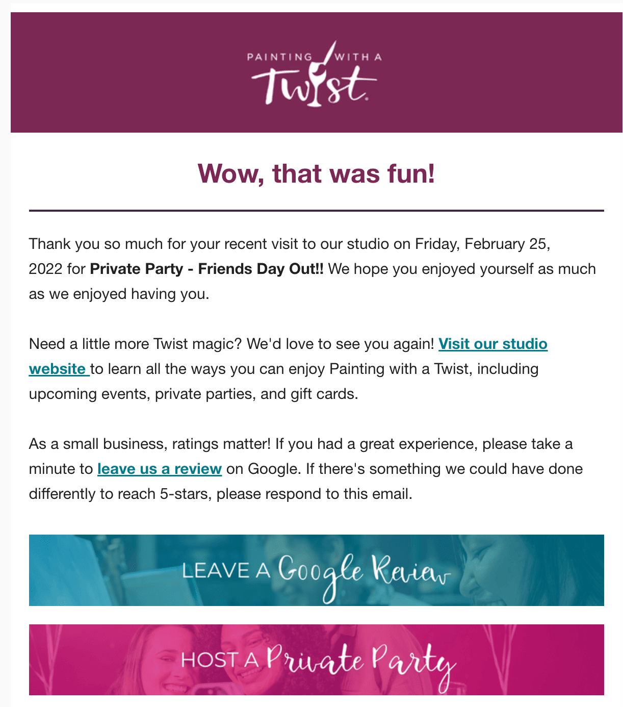 Email with the title "Wow, that was fun!" with a few paragraphs of text