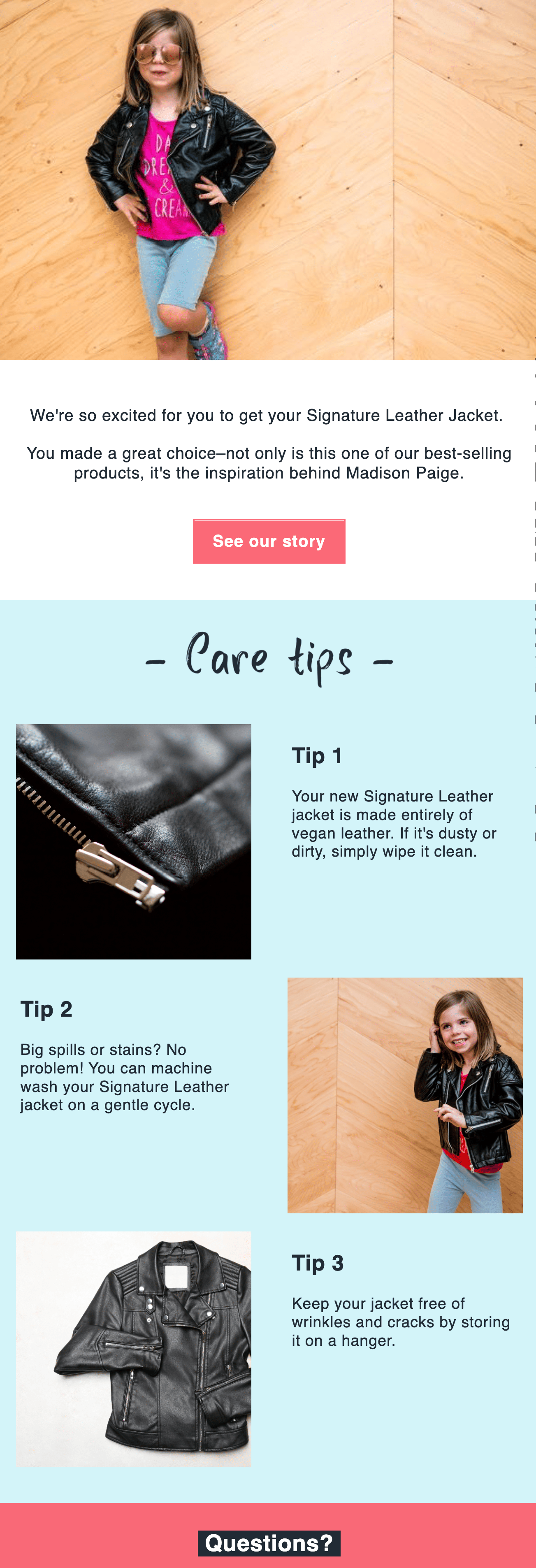 Images of a girl in a leather jacket, followed by care tips for the jacket and images