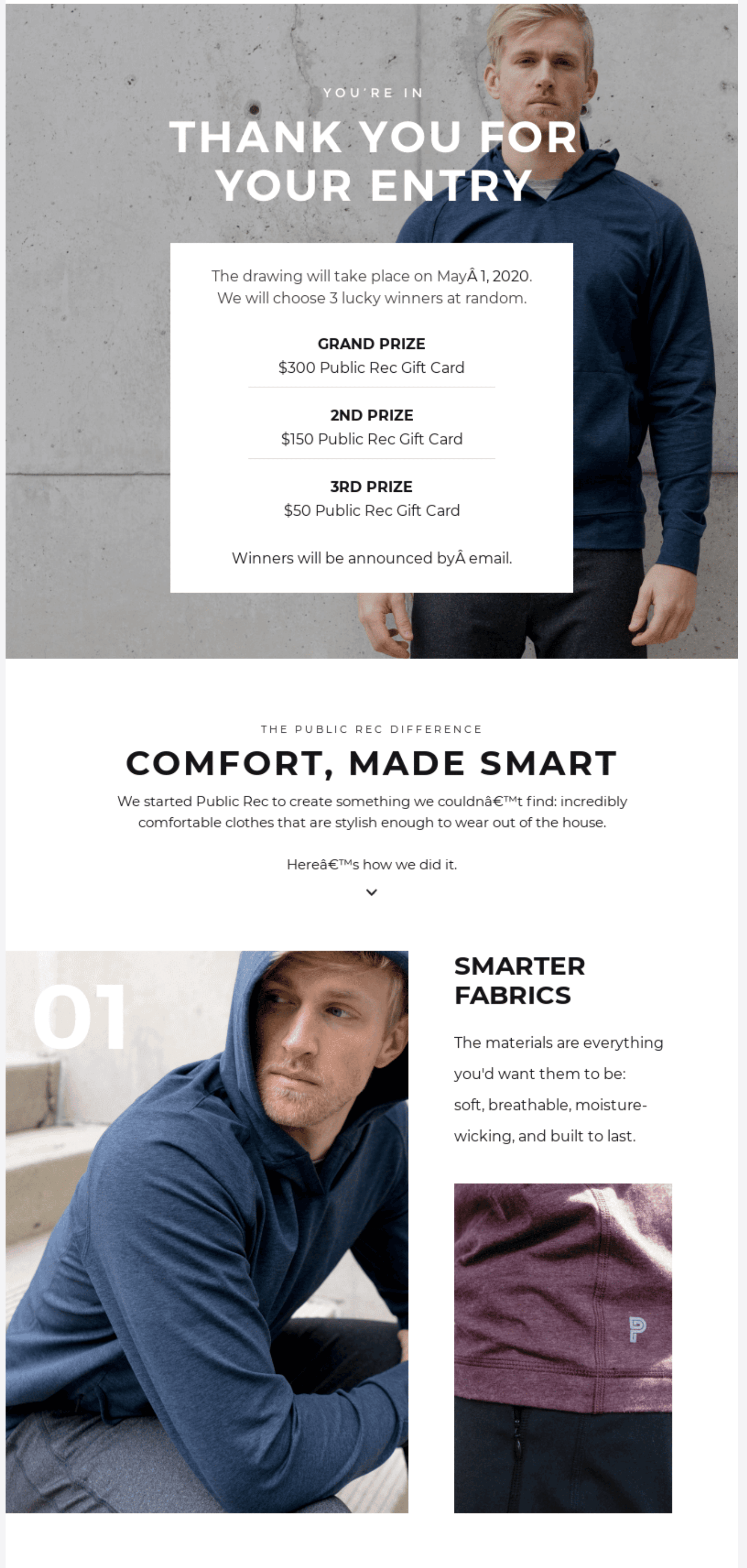 Email with text Thank you for your entry, followed by text highlighting the value of the brand's products