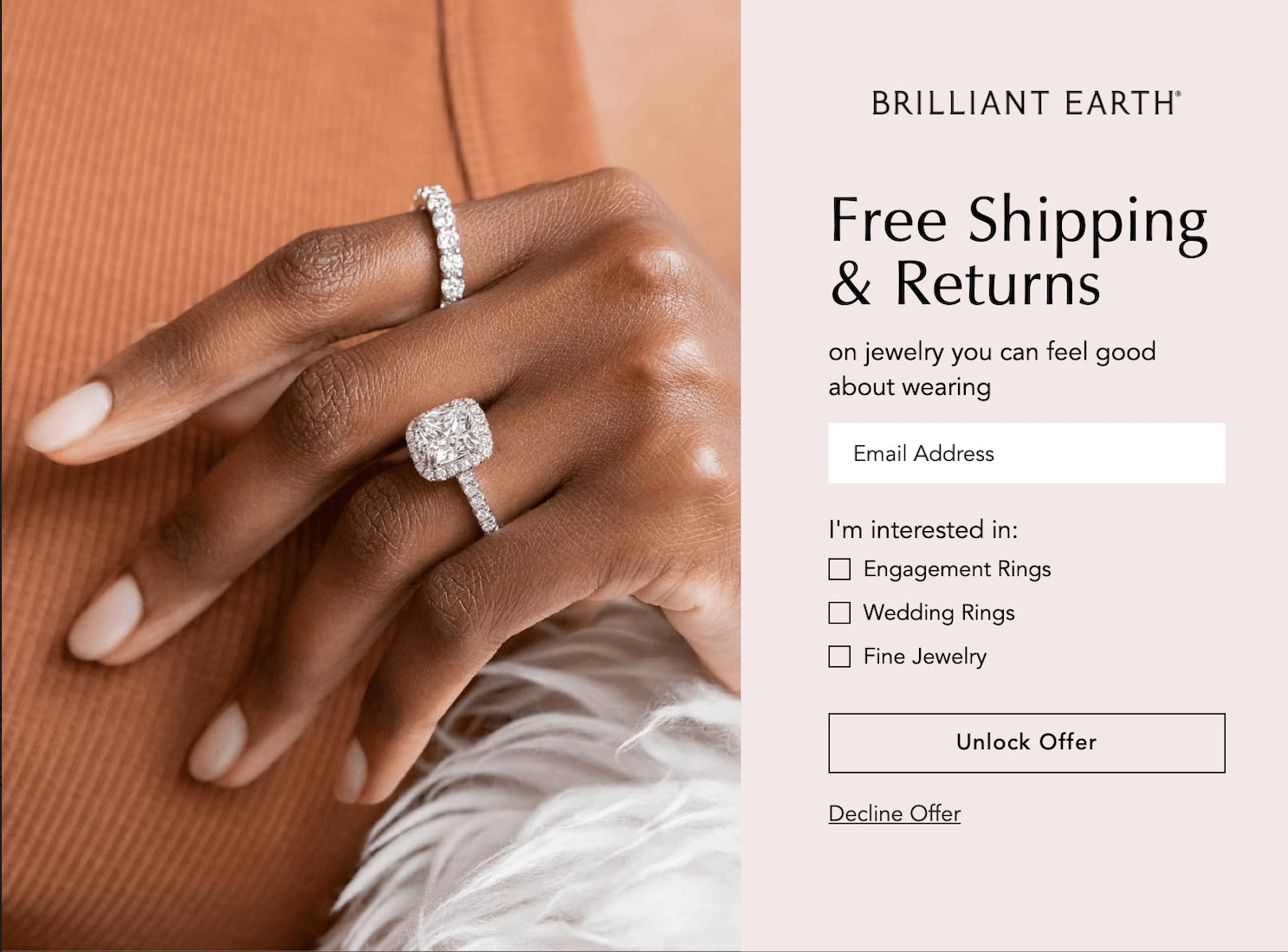 Popup with a closeup of a hand with rings on it, with text to the right of: free shipping & returns on jewelry you can feel good about wearing