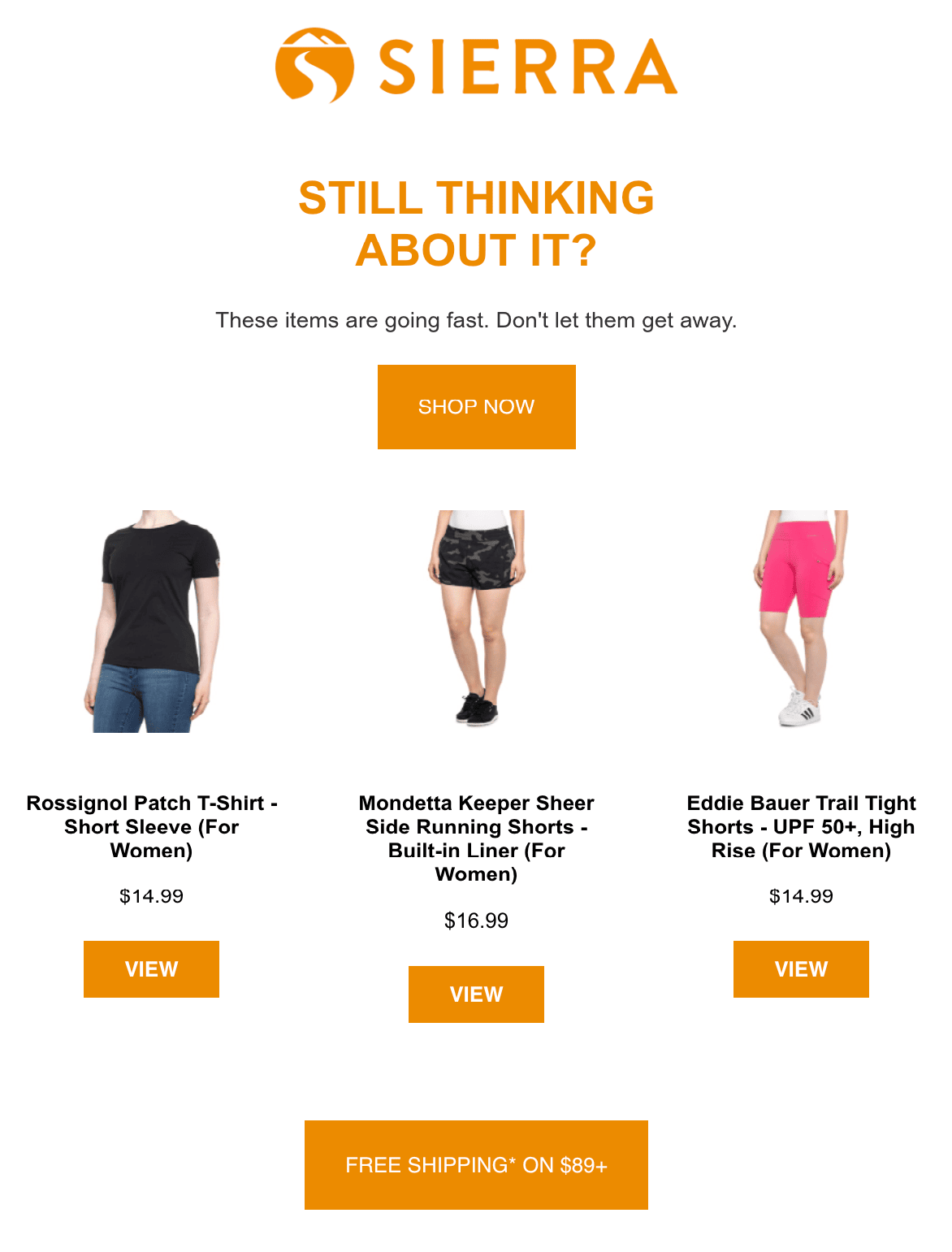 Text of still thinking about it? accompanied by images of a t-shirt and shorts, with prices