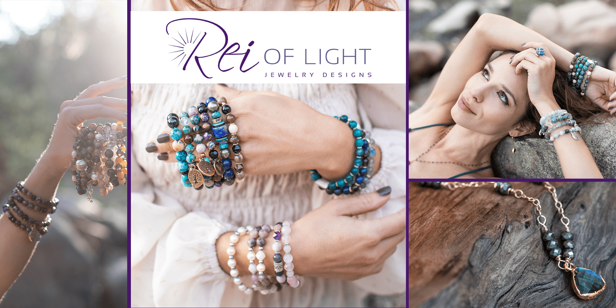 Montage of images showing bracelets and necklaces