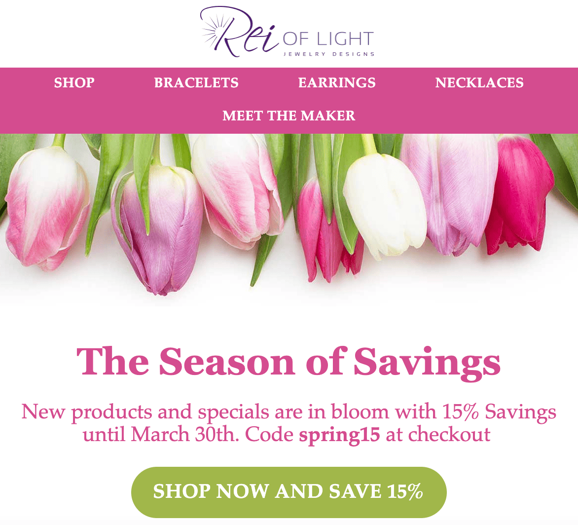 Partial image of email featuring tulips with the words The Season of Savings
