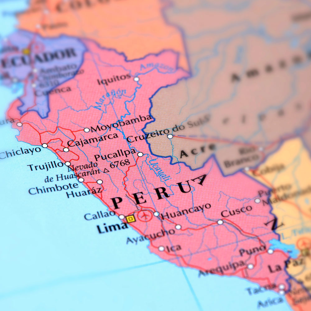 Close up of Peru on a world map