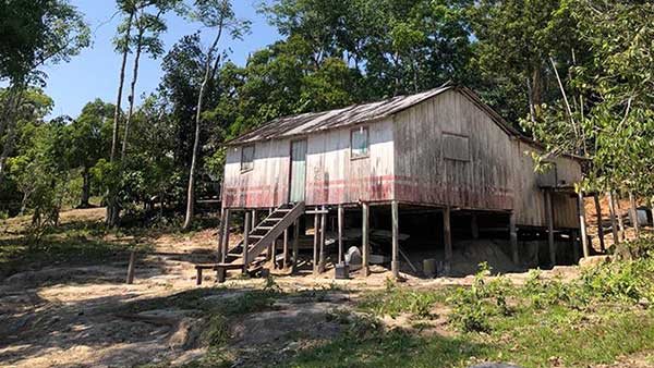 a wooden building on stilts in the Amazon rainforest