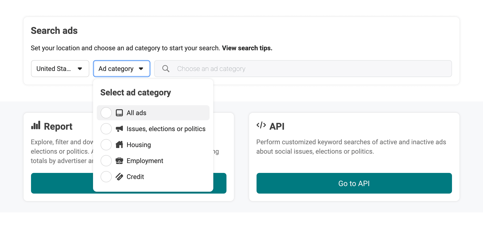 Filtering options for Facebook Ad Library