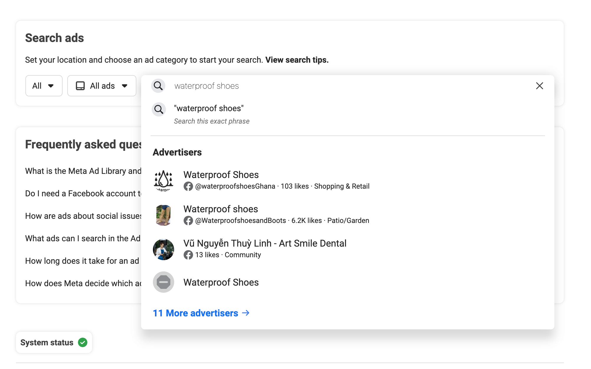 search results for waterproof shoes in facebook ad library