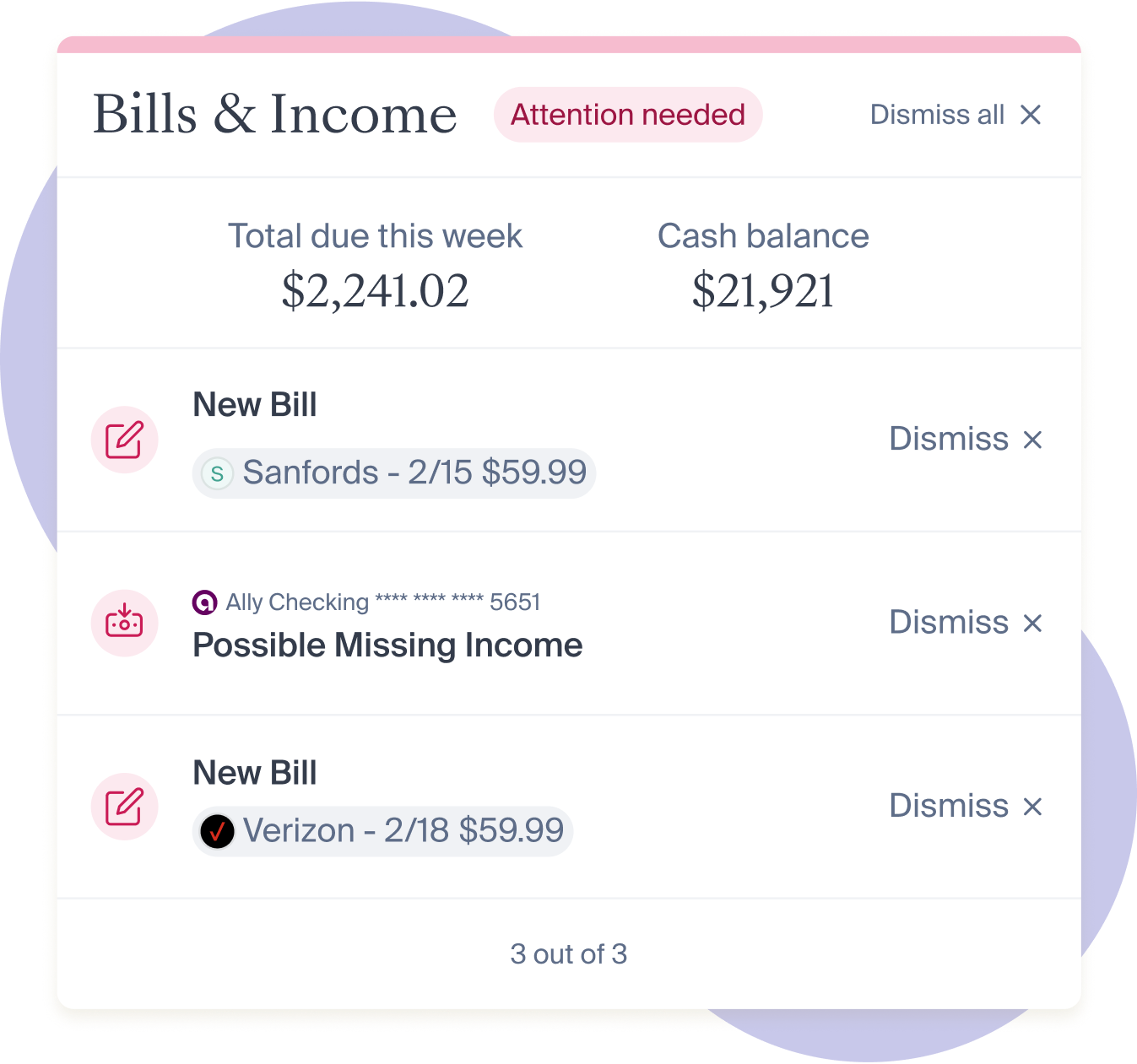 new bills and income alert example