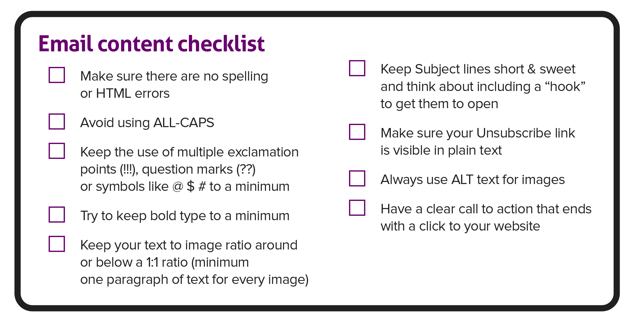 Email content checklist to print and complete
