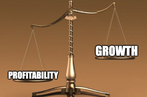 Image of a weight balance with "profitability" on one side and "growth" on the other. Profitability is slightly otweighing growth.